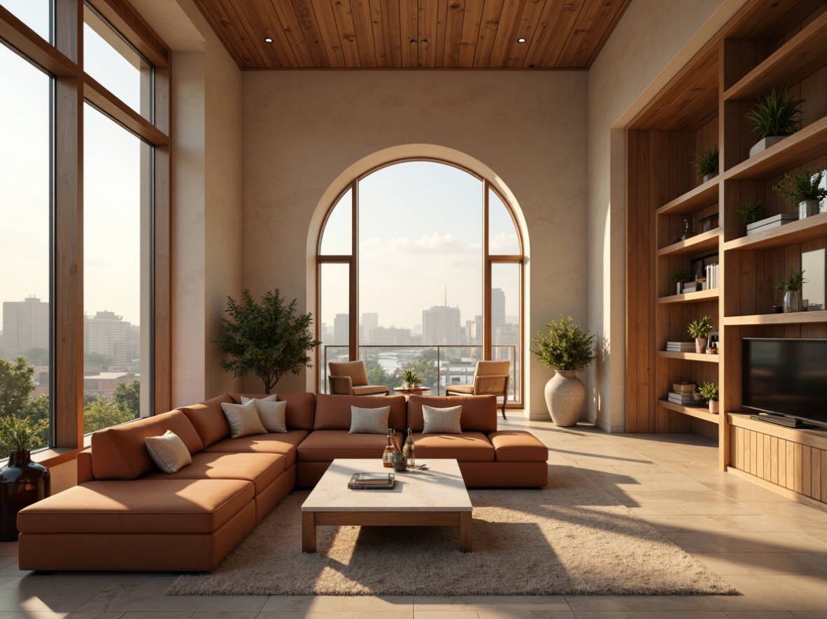 Prompt: Cozy living room, warm beige walls, plush velvet sofas, rich wood accents, soft golden lighting, calming natural textures, elegant modern architecture, floor-to-ceiling windows, panoramic city views, gentle morning sunlight, subtle color gradations, earthy terracotta tones, soothing pastel hues, luxurious marble surfaces, refined metal fixtures, minimalist decor, airy open spaces, dramatic ceiling heights, cinematic 1-point perspective, soft focus blur, natural ambiance.