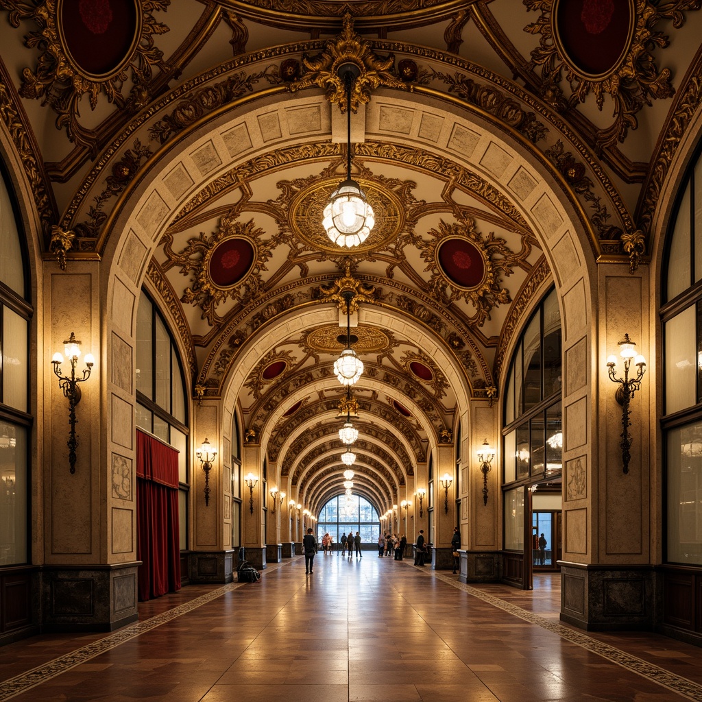 Prompt: Grandiose metro station, ornate Baroque architecture, intricate stone carvings, gilded accents, sweeping archways, majestic columns, ornamental metalwork, lavish chandeliers, rich velvet fabrics, regal color palette, golden lighting, shallow depth of field, 3/4 composition, symmetrical framing, realistic textures, ambient occlusion.