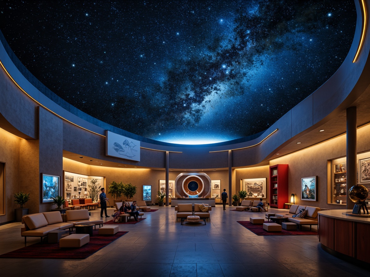 Prompt: Celestial planetarium interior, mid-century modern aesthetic, rich dark blues, deep indigo tones, warm golden accents, soft creamy whites, bold red highlights, retro-futuristic vibe, curved lines, geometric shapes, minimalist decor, ambient lighting, starry night sky projections, 3D dome ceiling, cozy seating areas, educational displays, interactive exhibits, sleek metallic surfaces, vintage astronomy instruments, warm wood textures, subtle gradient effects, cinematic atmosphere, shallow depth of field.