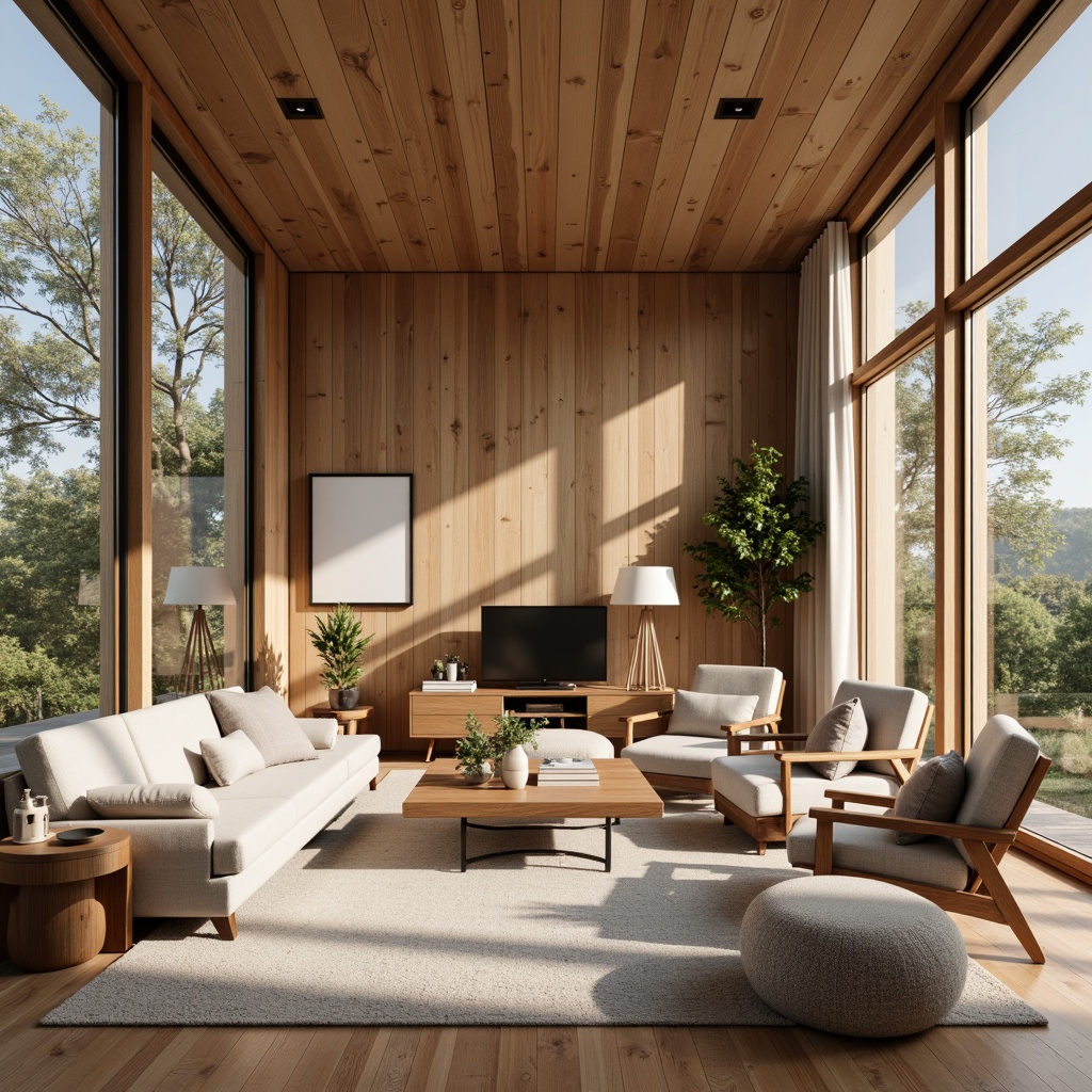 Prompt: Cozy living room, minimalistic decor, functional furniture, wooden textures, natural fabrics, earthy color palette, Nordic-inspired patterns, ergonomic design, comfortable seating, coffee table, floor lamps, large windows, soft warm lighting, 1/1 composition, realistic materials, ambient occlusion.