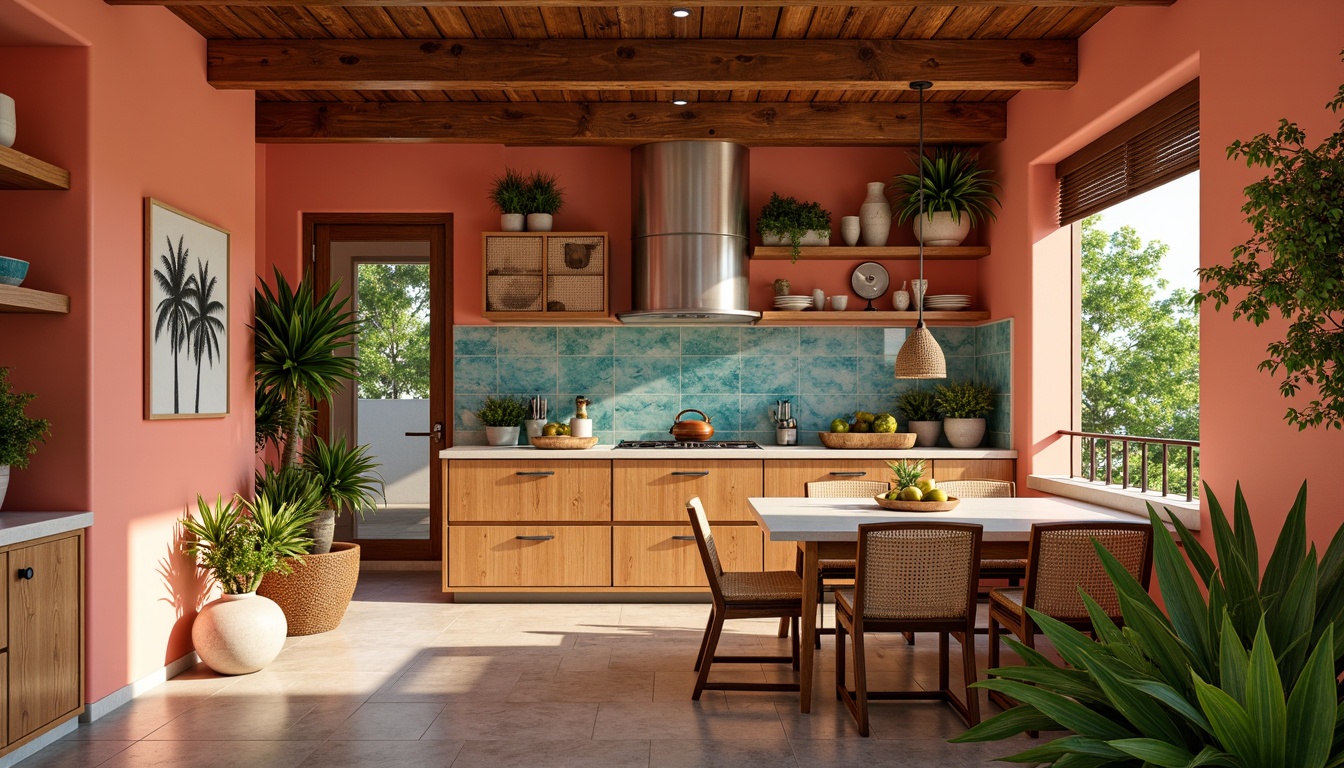 Prompt: Vibrant tropical kitchen, bright coral walls, exotic wooden cabinets, glossy glass tile backsplash, lush greenery, palm tree silhouettes, ocean-inspired accents, beachy vibe, natural stone countertops, warm bronze hardware, coastal-themed decorations, colorful ceramic tiles, botanical prints, woven rattan chairs, pendant lighting fixtures, airy open shelving, sun-kissed ambiance, soft warm lighting, shallow depth of field, 1/1 composition.