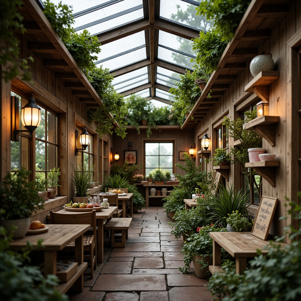 Prompt: Rustic greenhouse, distressed wood accents, lush greenery, vintage gardening tools, soft warm lighting, lantern-style pendant lights, candlelit ambiance, natural stone pathways, moss-covered walls, reclaimed wood benches, woven wicker furniture, pastel-colored ceramics, delicate floral patterns, romantic atmosphere, golden hour lighting, shallow depth of field, 1/1 composition, intimate framing, realistic textures, ambient occlusion.