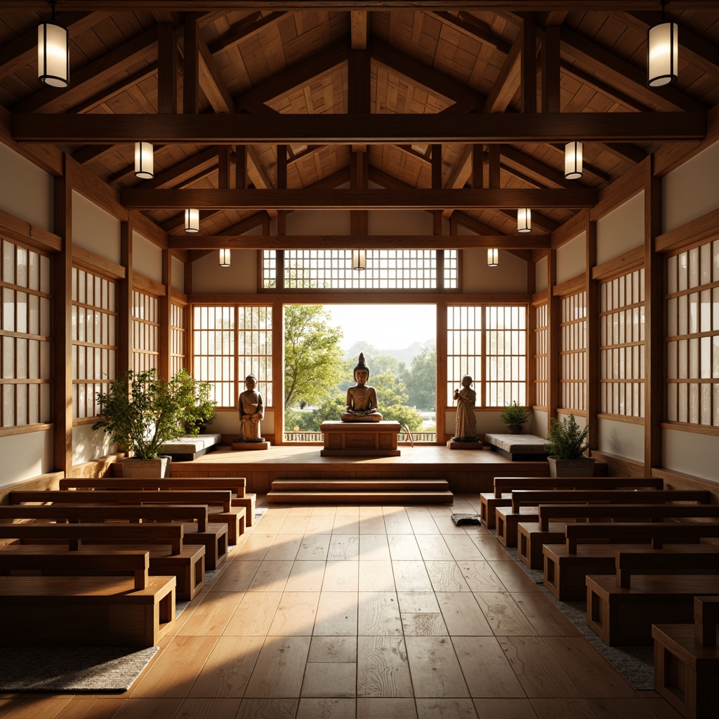 Prompt: Serene Asian-style church interior, traditional Japanese Shoji screens, sliding doors, natural wood accents, paper lanterns, Buddha statues, minimalist decor, low-seating benches, prayer mats, gentle warm lighting, subtle shadows, calm atmosphere, cultural heritage-inspired furnishings, intricate wooden carvings, Asian-patterned rugs, peaceful ambiance, shallow depth of field, 1/2 composition, harmonious color palette.