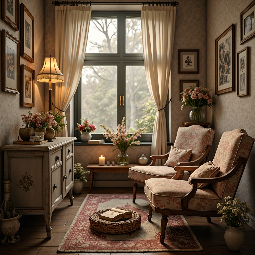 Prompt: Vintage distressed furniture, soft pastel hues, ornate metalwork, lace drapery, floral patterns, rustic wooden accents, candlelight ambiance, delicate porcelain vases, antique decorative items, faded velvet textiles, romantic bouquets, whimsical garden scenery, dreamy misty atmosphere, warm golden lighting, 1/2 composition, intimate close-up shots, realistic fabric simulations, subtle depth of field.