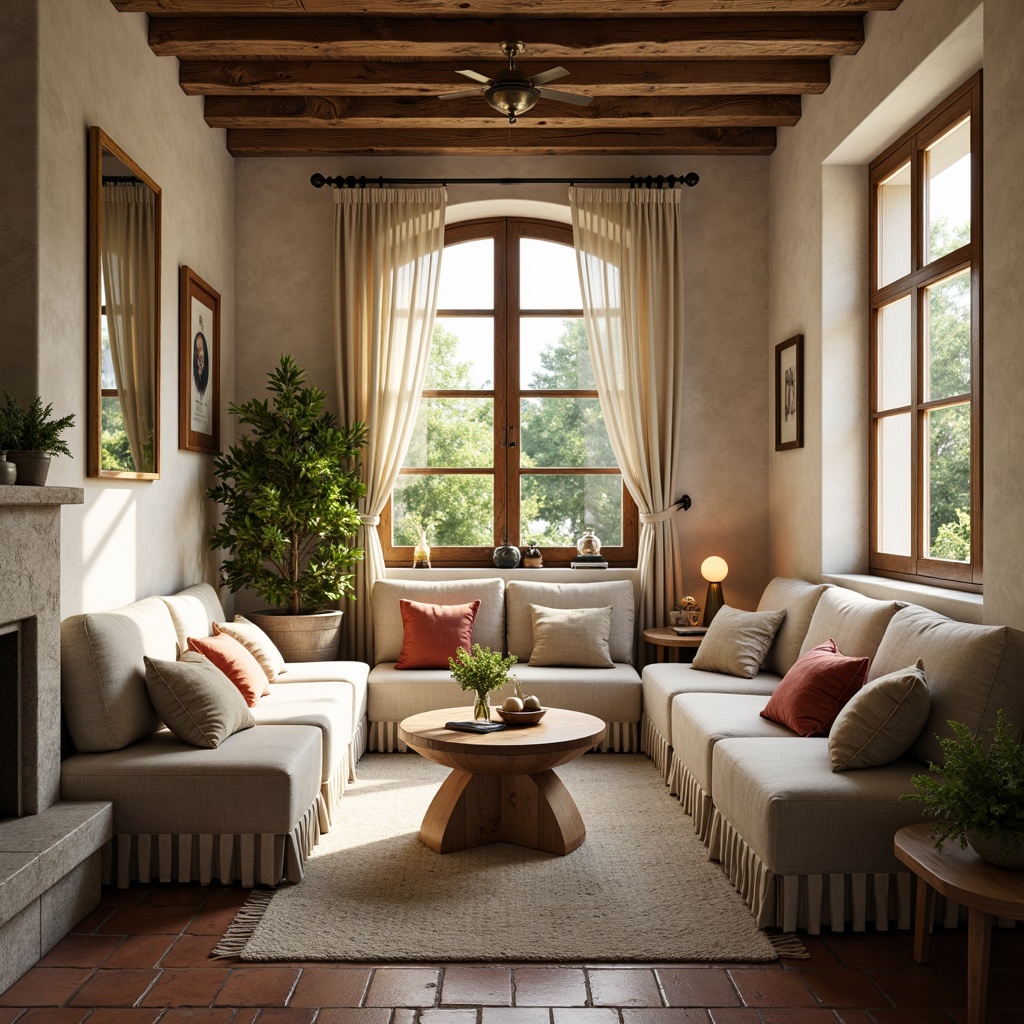 Prompt: Rustic French country interior, soft creamy whites, warm beige tones, distressed wood accents, vintage metal hardware, ornate gold leafing, plush velvet fabrics, rich terracotta reds, muted sage greens, weathered stone walls, aged brick floors, delicate lace trimmings, romantic candlelight, soft warm glow, natural linen textures, elegant curved lines, classic furniture silhouettes, subtle wood grain patterns, cozy intimate atmosphere, inviting window seats, lush greenery views, sunny afternoon light, 1/1 composition, shallow depth of field.