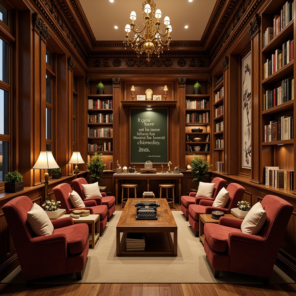 Prompt: Cozy reading nooks, plush velvet armchairs, rich walnut wood shelves, leather-bound books, ornate golden lamps, soft warm lighting, classic literary quotes, vintage typewriters, elegant chandeliers, intricate moldings, comfortable sofas, warm beige carpets, floor-to-ceiling bookcases, rustic wooden tables, classic novels, peaceful atmosphere, shallow depth of field, 1/2 composition, realistic textures, ambient occlusion.