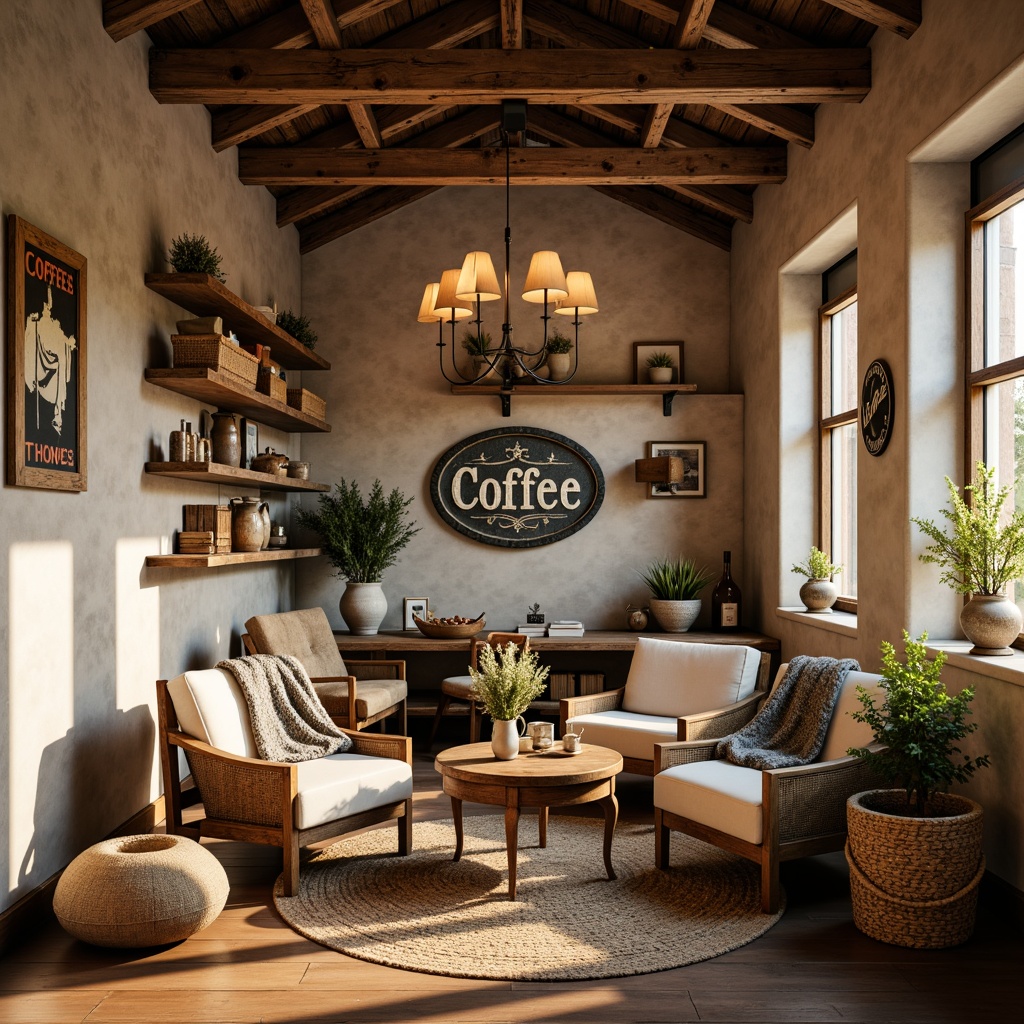 Prompt: Rustic farmhouse, earthy tones, warm beige walls, distressed wood accents, vintage metal signs, rich coffee aromas, cozy atmosphere, soft natural lighting, plush throw blankets, woven baskets, ceramic vases, potted greenery, reclaimed wood tables, comfortable armchairs, warm golden lighting, shallow depth of field, 1/1 composition, realistic textures, ambient occlusion.