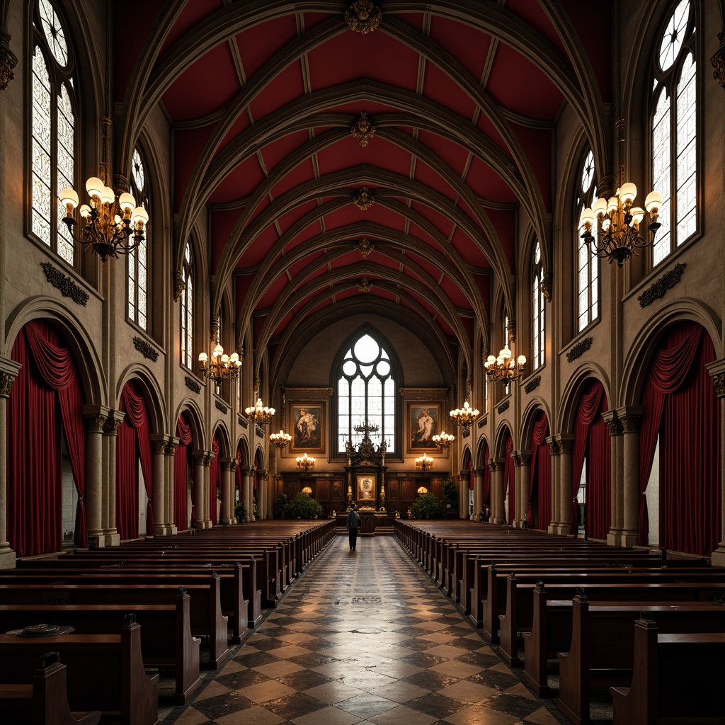 Prompt: Vaulted ceiling, ribbed arches, ornate carvings, grand chandeliers, stained glass windows, intricate stone patterns, dark wood paneling, luxurious velvet drapes, rich gold accents, mystical ambiance, soft warm lighting, high contrast ratio, dramatic shadows, 1/1 composition, symmetrical framing, realistic textures, ambient occlusion.