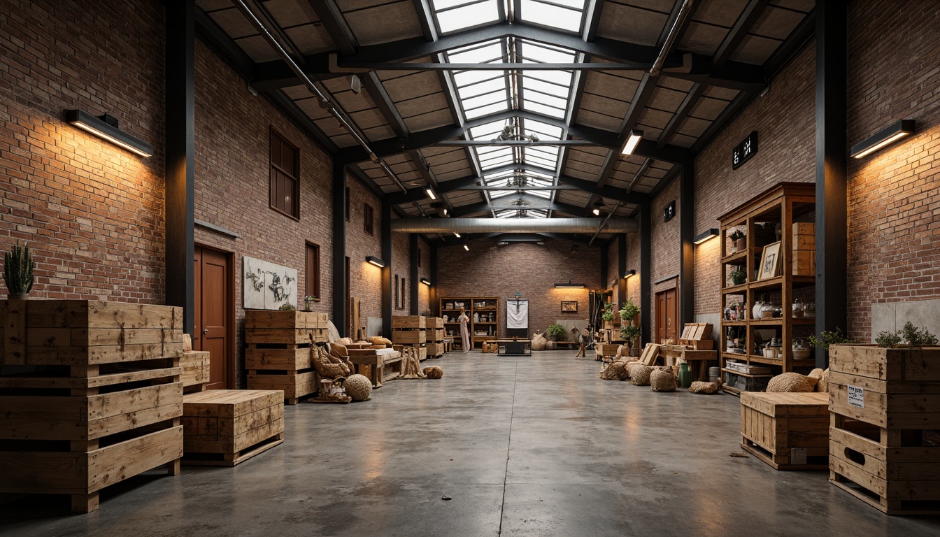 Prompt: Rustic distribution center, industrial metal beams, wooden crates, rough concrete floors, vintage factory lighting, exposed brick walls, distressed wood accents, metal shelving units, eclectic decor, reclaimed lumber, earthy color palette, warm softbox lighting, shallow depth of field, 1/1 composition, realistic textures, ambient occlusion.