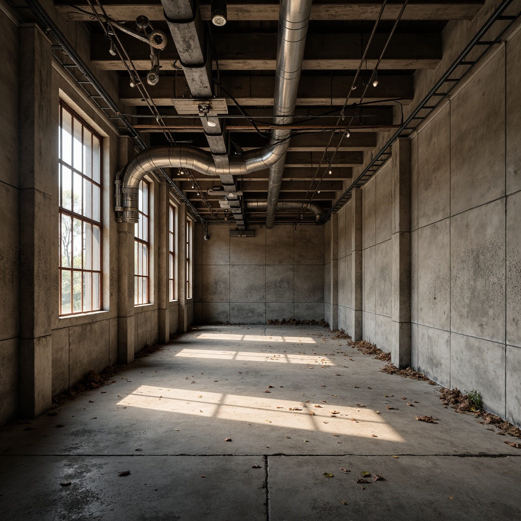 Prompt: Rustic warehouse interior, exposed ductwork, concrete floors, metal beams, industrial pipes, brutalist architecture, raw concrete walls, steel columns, minimal decor, functional lighting, high ceilings, open space, urban atmosphere, gritty textures, dramatic shadows, warm color palette, soft natural light, 1/2 composition, realistic render, ambient occlusion.