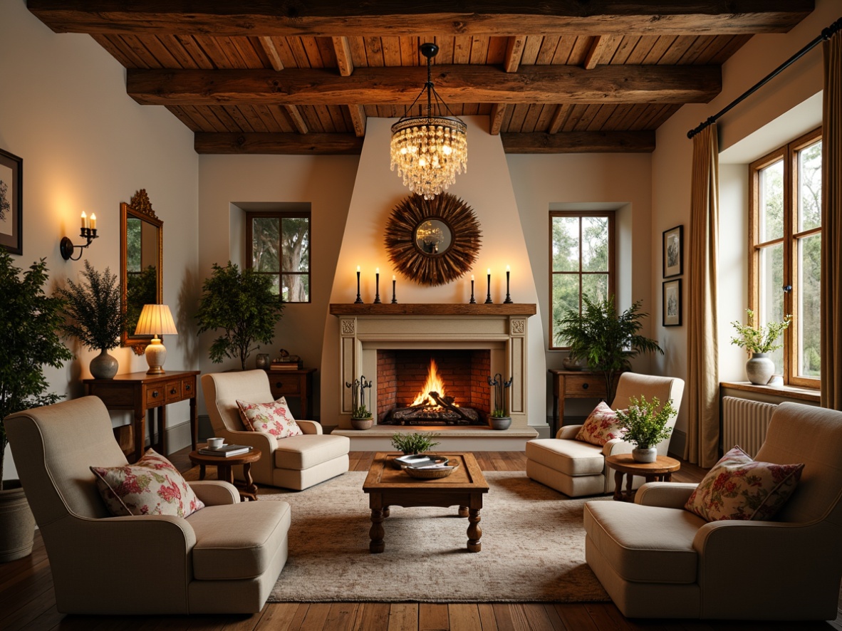 Prompt: Rustic French country style interior, warm golden lighting, soft candlelight, ornate chandeliers, distressed wooden beams, vintage metal lanterns, elegant crystal drops, creamy white walls, rich wood tones, plush velvet fabrics, natural linen textures, floral patterns, subtle aromas, cozy reading nooks, inviting fireplaces, warm beige colors, ambient shadows, shallow depth of field, 1/1 composition, intimate atmosphere, realistic reflections.