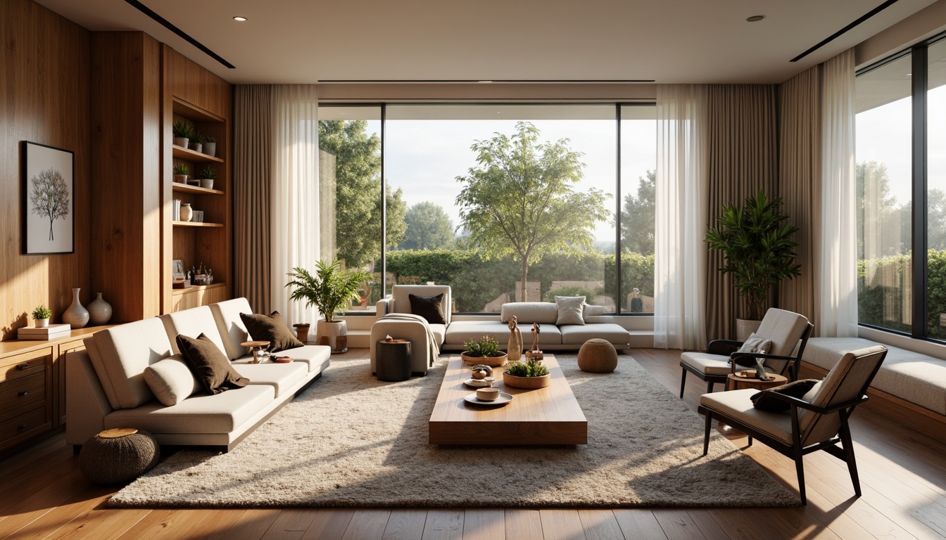 Prompt: Cozy living room, plush carpets, comfortable sofas, warm lighting, wooden furniture, minimalist decor, functional storage units, smart home devices, ergonomic chairs, floor-to-ceiling windows, natural ventilation, soft color palette, calming atmosphere, 1/1 composition, subtle texture blending, realistic shadows, ambient occlusion.