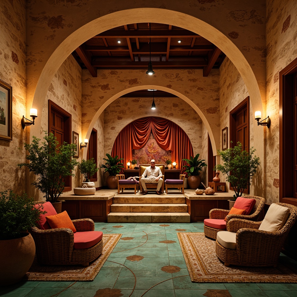 Prompt: Warm Mediterranean ambiance, rustic stone walls, wooden accents, intimate seating areas, ornate archways, vibrant turquoise tiles, plush velvet curtains, rich wood grain finishes, intricate mosaic patterns, soft warm lighting, cozy nooks, curved lines, natural textiles, earthy color palette, ambient instrumental sounds, acoustic guitar melodies, soulful vocal performances, lively flamenco rhythms, warm candlelight, aromatic scents, rustic wooden instruments, ornate metalwork details, intimate performance stages, 3/4 composition, shallow depth of field, realistic textures, ambient occlusion.