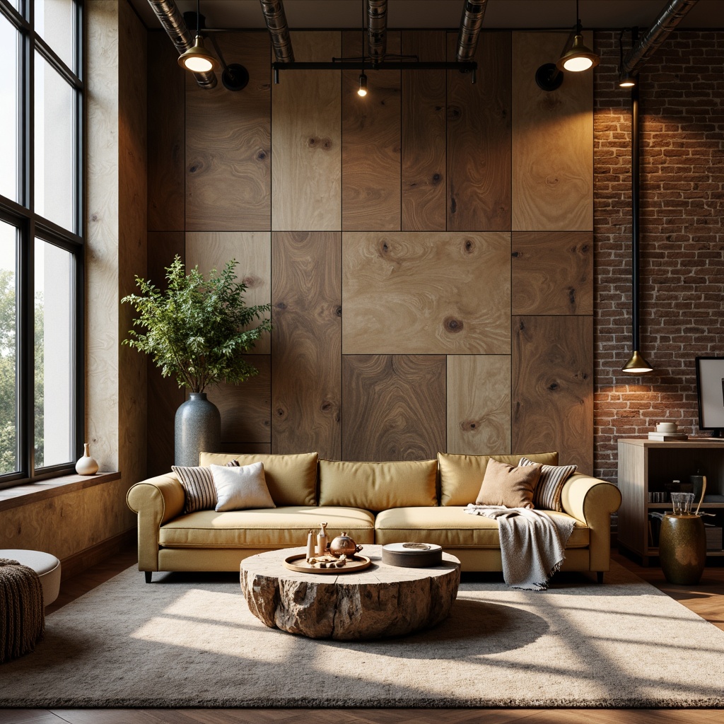 Prompt: Luxurious living room, textured velvet sofa, reclaimed wood accent wall, natural stone coffee table, plush area rug, metallic gold lighting fixtures, industrial-chic exposed brick, warm beige tones, cozy throw blankets, soft focus blur, 1/1 composition, dramatic shadows, warm golden lighting, ambient occlusion.