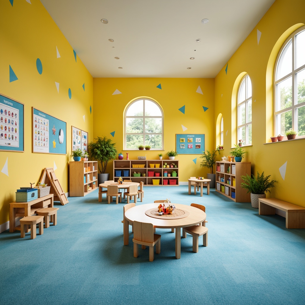 Prompt: Vibrant kindergarten interior, playful color accents, bright yellow walls, soft blue carpet, whimsical furniture shapes, rounded tables, tiny chairs, educational posters, alphabet decals, number lines, colorful storage bins, natural wood shelving, circular windows, gentle overhead lighting, shallow depth of field, 1/1 composition, realistic textures, ambient occlusion.