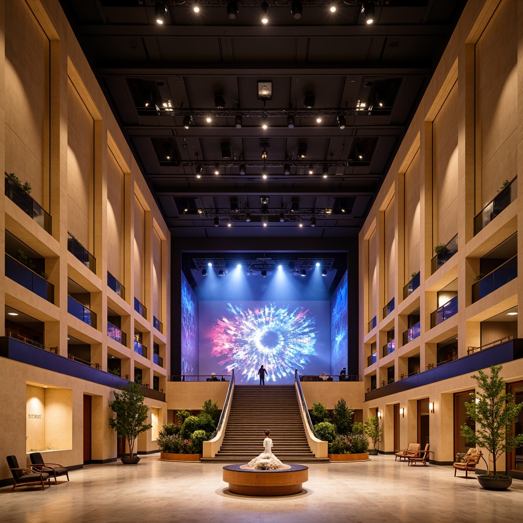 Prompt: Grand transitional performing arts center, high ceilings, open atrium, sleek modern architecture, warm beige walls, dark wood accents, polished concrete floors, soft box lighting, LED stage lights, dramatic spotlights, colorful gobo projections, dynamic moving lights, fog machines, haze effects, grand staircase, spacious lobby, comfortable seating areas, minimalist decor, abstract artwork, vibrant color schemes, daytime natural light, warm golden hour lighting, shallow depth of field, 1/2 composition, symmetrical framing, realistic textures, ambient occlusion.