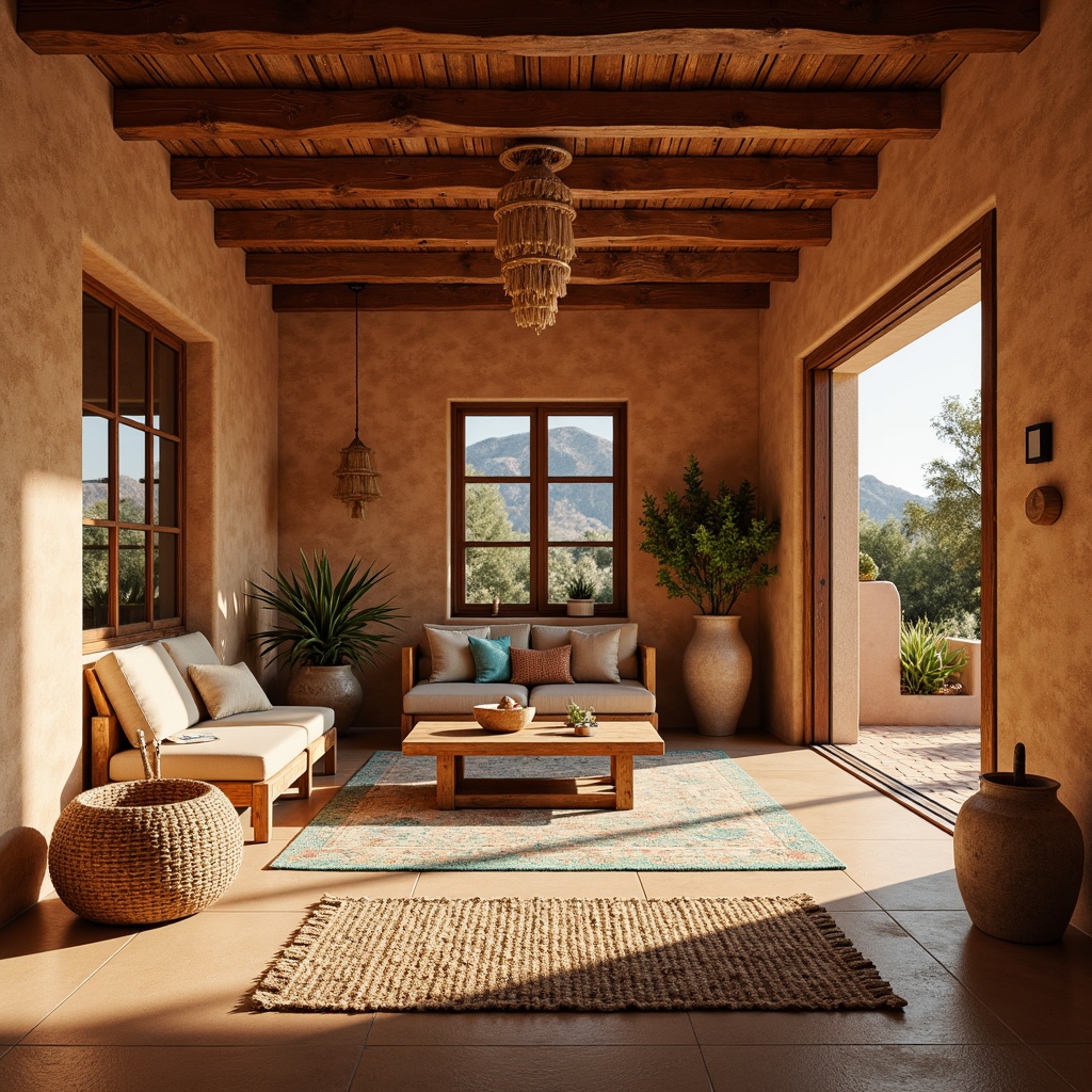 Prompt: Warm adobe interiors, rustic wooden beams, earthy clay walls, natural fiber rugs, woven textiles, vibrant turquoise accents, desert-inspired color palette, abundant natural light, large windows, sliding glass doors, sun-drenched rooms, warm golden lighting, soft shadows, 1/1 composition, shallow depth of field, realistic textures, ambient occlusion.