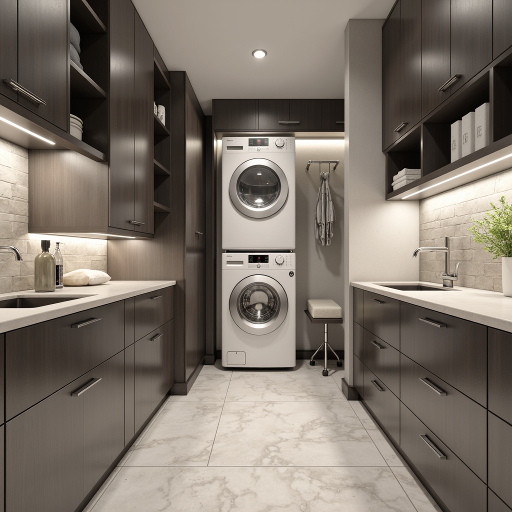 Prompt: Modern laundry room, sleek storage cabinets, chrome handles, soft-close drawers, compact washer and dryer, built-in ironing board, fold-down drying rack, LED lighting, porcelain flooring, minimalist decor, subtle color palette, functional shelving units, recessed soap dispensers, sliding doors, stainless steel countertops, efficient ventilation systems, sensor-activated lighting, 3/4 composition, shallow depth of field, realistic textures, ambient occlusion.