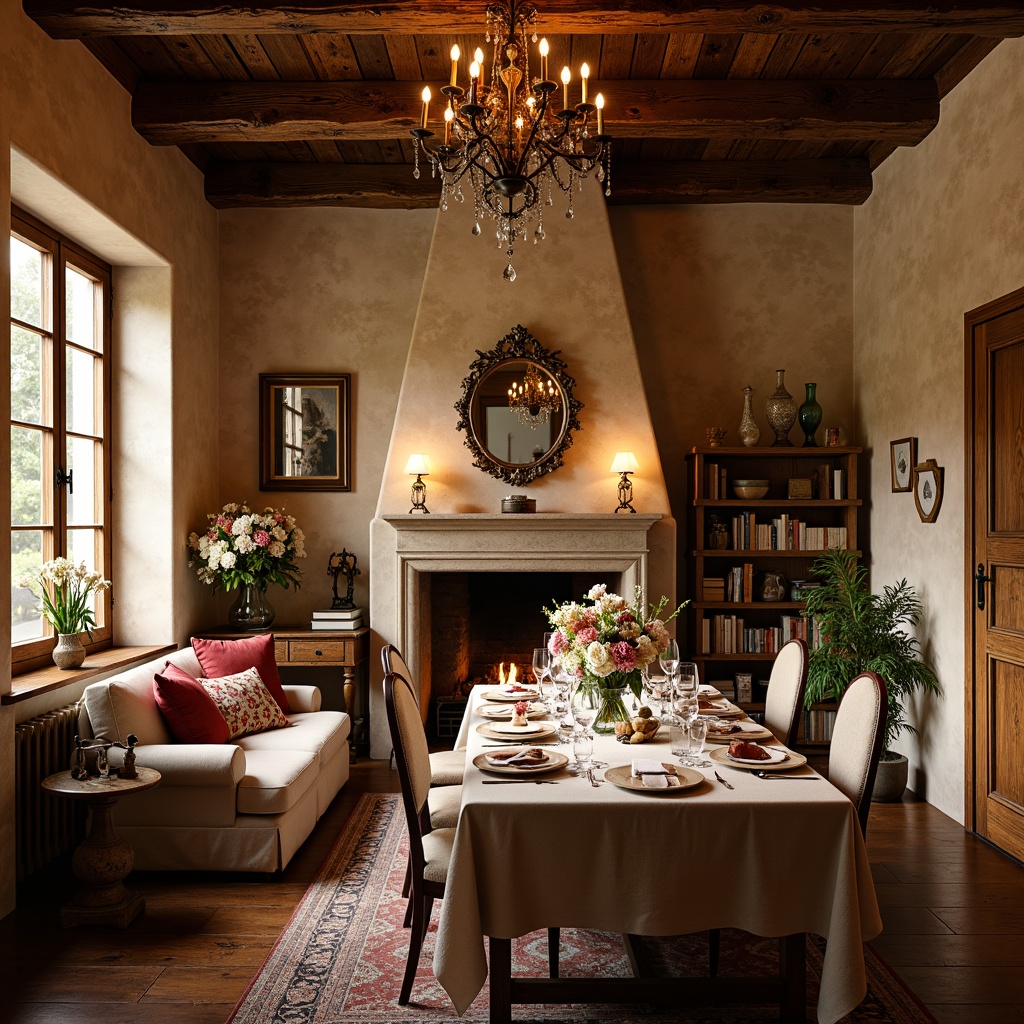 Prompt: Rustic French country interior, warm candlelight, soft golden glow, distressed wood accents, vintage metalware, ornate crystal chandeliers, creamy whites, warm beiges, rich reds, velvety fabrics, floral patterns, elegant drapery, natural stone floors, exposed wooden beams, cozy reading nooks, intimate dinner settings, warm ambient lighting, layered lighting effects, softbox lights, table lamps, floor lamps, sconces, pendant lights, bronze fixtures, mercury glass shades, frosted glass diffusers, morning sunlight, afternoon warmth, evening glow.