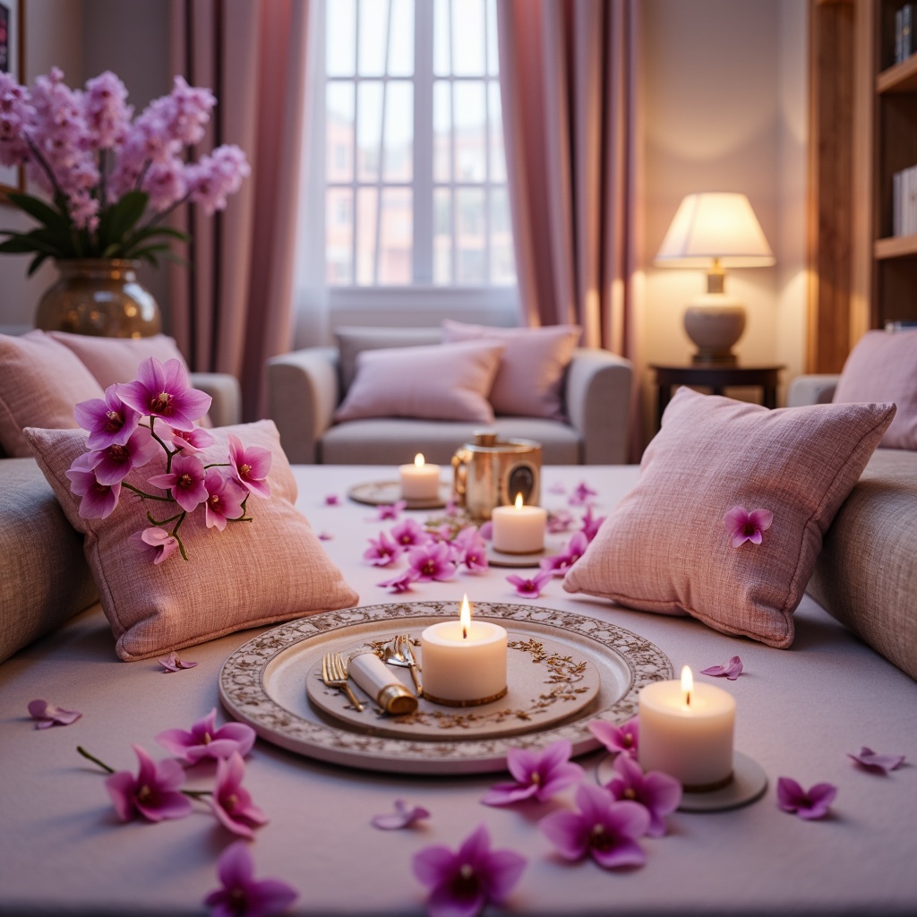 Prompt: Luxurious orchid hues, soft pastel shades, creamy whites, rich berry accents, metallic gold details, velvety textures, elegant curves, sophisticated modern design, refined ornate patterns, subtle gradient effects, warm candlelight, intimate atmospheric lighting, shallow depth of field, 2/3 composition, realistic rendering, detailed fabric simulations.