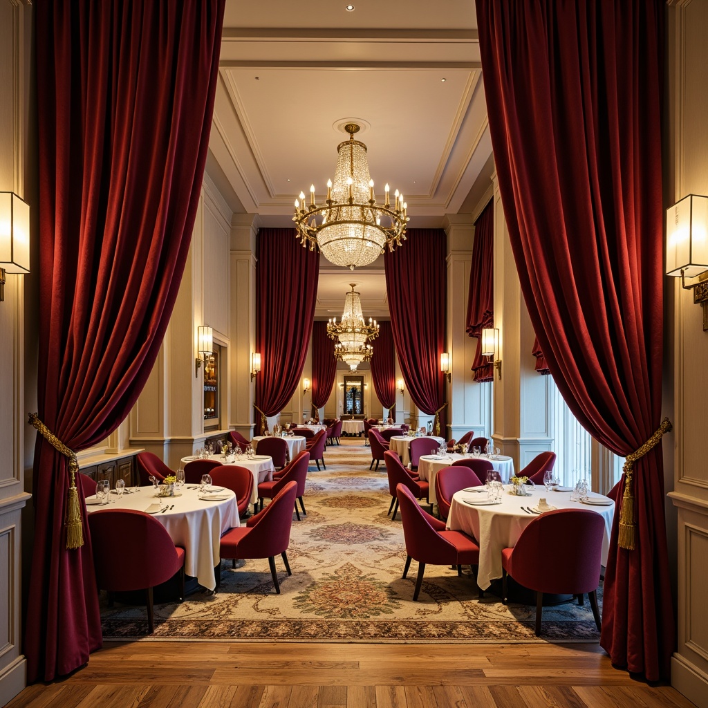 Prompt: Elegant dining hall, luxurious velvet drapes, rich wooden flooring, ornate crystal chandeliers, lavish golden accents, sophisticated neutral tones, warm beige walls, deep berry red furnishings, soft creamy whites, subtle metallic sheens, ambient warm lighting, dramatic shadows, 3/4 composition, realistic textures, shallow depth of field.