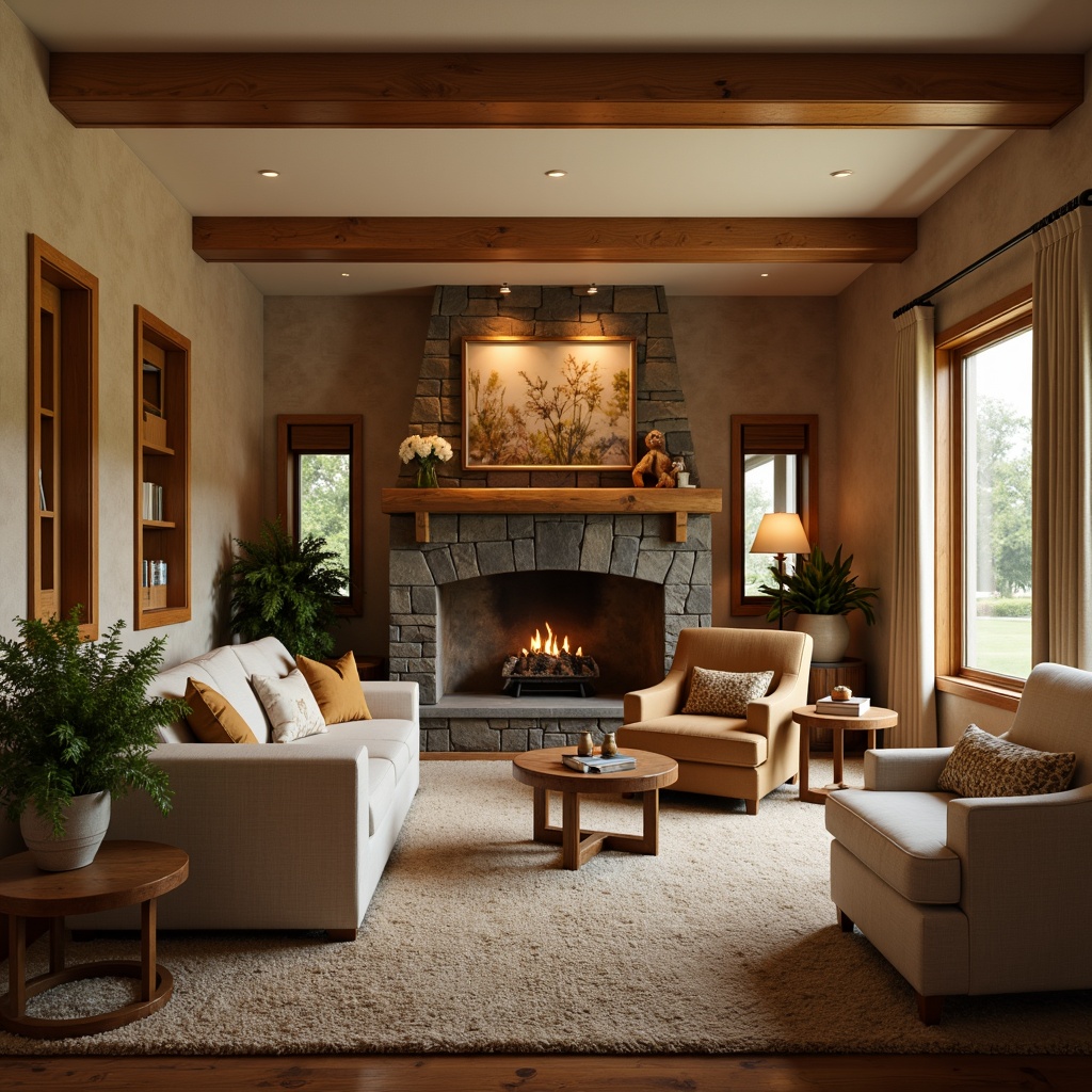 Prompt: Cozy family room, warm beige walls, comfortable seating area, soft plush carpeting, rich wooden accents, natural stone fireplace, inviting atmosphere, warm lighting, shallow depth of field, 3/4 composition, realistic textures, ambient occlusion.