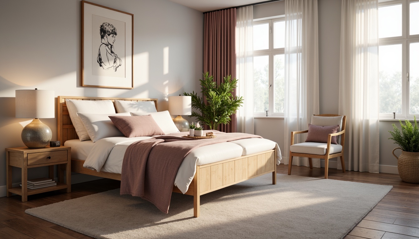 Prompt: Cozy bedroom, soft warm lighting, calming atmosphere, soothing color palette, gentle hues, muted tones, creamy whites, pale blues, mauve accents, natural wood furniture, plush carpets, subtle textures, minimal ornamentation, serene ambiance, relaxing retreat, peaceful escape.