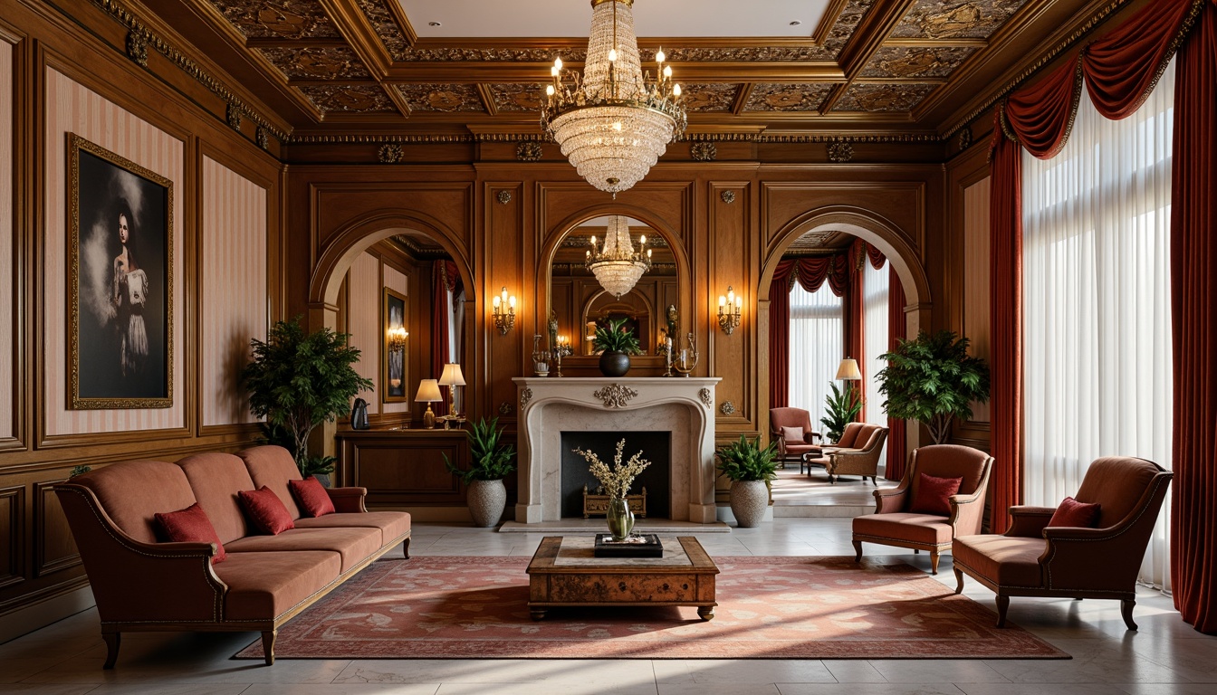 Prompt: Luxurious living room, ornate moldings, intricate carvings, gilded details, lavish furnishings, plush velvet sofas, crystal chandeliers, marble floors, rich wood paneling, elegant archways, sophisticated color palette, warm golden lighting, shallow depth of field, 1/2 composition, realistic textures, ambient occlusion.