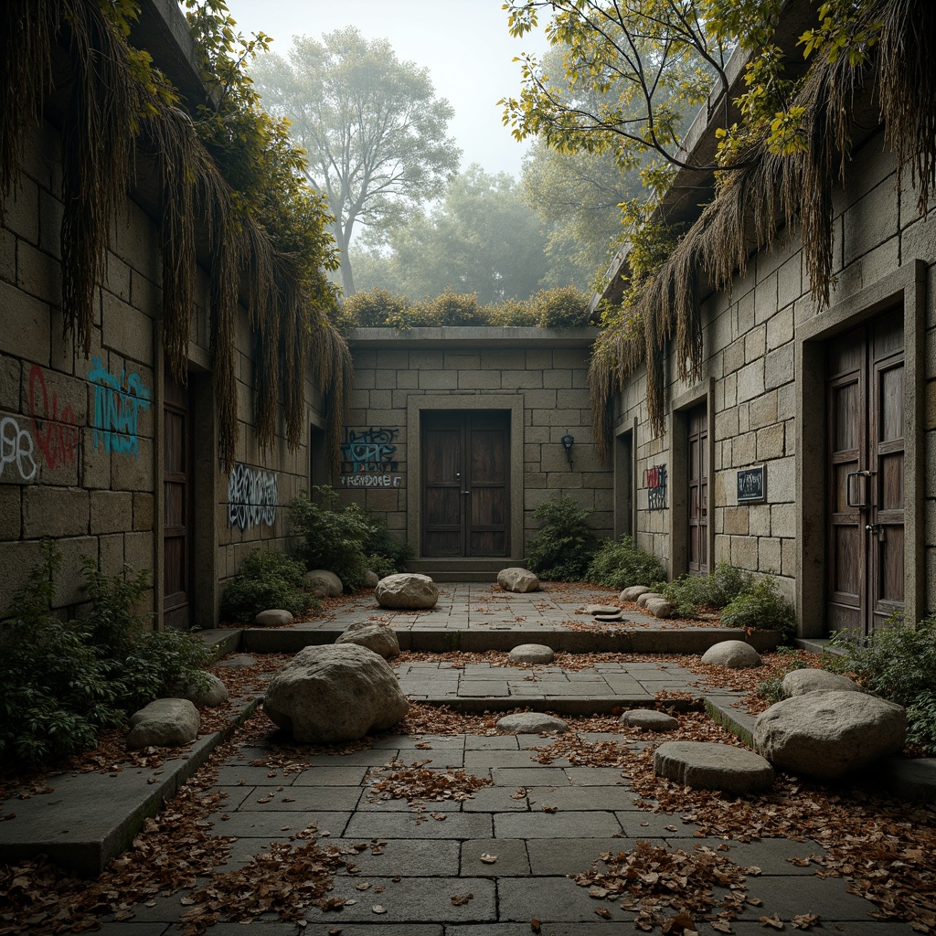 Prompt: Rugged rocky terrain, weathered stone walls, moss-covered boulders, ancient tree roots, distressed wooden planks, rusty metal gates, worn brick pathways, crumbling concrete ruins, faded graffiti, mysterious abandoned doors, overgrown vines, eerie foggy atmosphere, soft warm lighting, shallow depth of field, 3/4 composition, realistic textures, ambient occlusion.