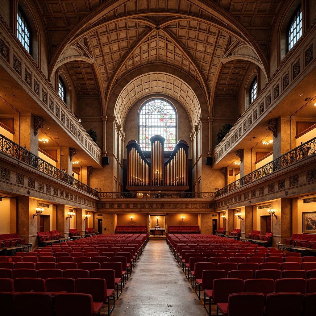 Prompt: Grandiose auditorium, vaulted ceilings, stained glass windows, ornate stone carvings, dramatic lighting effects, innovative seating arrangements, curved rows of chairs, tiered levels, crimson red velvet upholstery, polished wooden floors, intricate Gothic arches, majestic pipe organs, elaborate chandeliers, warm golden lighting, soft shadows, shallow depth of field, 2/3 composition, symmetrical framing, realistic textures, ambient occlusion.