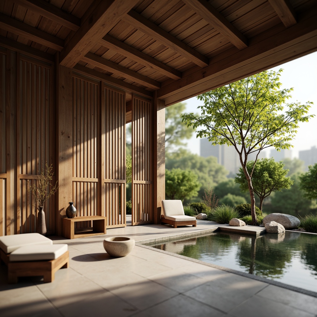 Prompt: Intricate wooden carvings, delicate ceramic vases, natural stone floors, bamboo accents, sliding shoji screens, tatami mats, minimalist furniture, subtle paper lanterns, serene water features, lush greenery, bonsai trees, warm soft lighting, shallow depth of field, 3/4 composition, realistic textures, ambient occlusion.