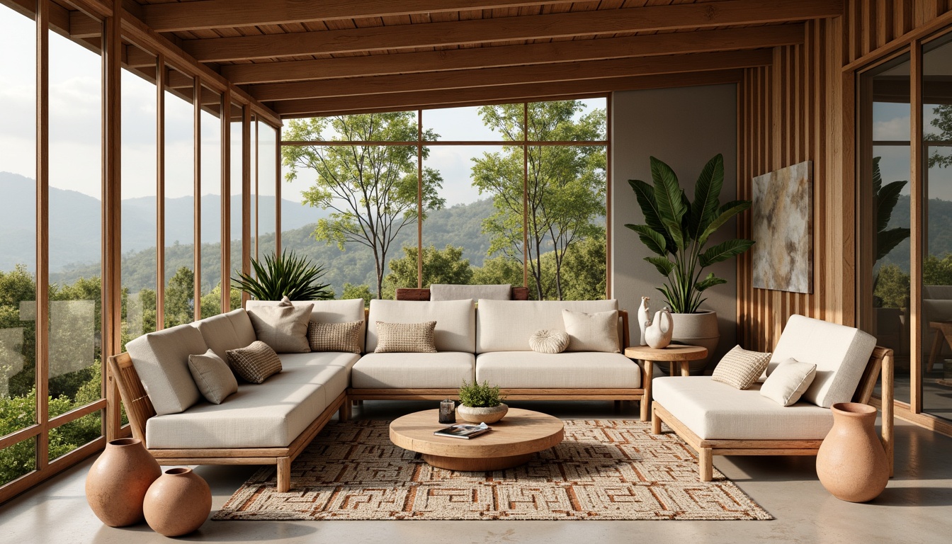 Prompt: Rustic wooden accents, woven wicker furniture, natural linen upholstery, geometric patterned rugs, earthy terracotta pots, organic shaped planters, mid-century modern architecture, large windows, sliding glass doors, minimalist decor, warm neutral color palette, soft diffused lighting, shallow depth of field, 3/4 composition, realistic textures, ambient occlusion.