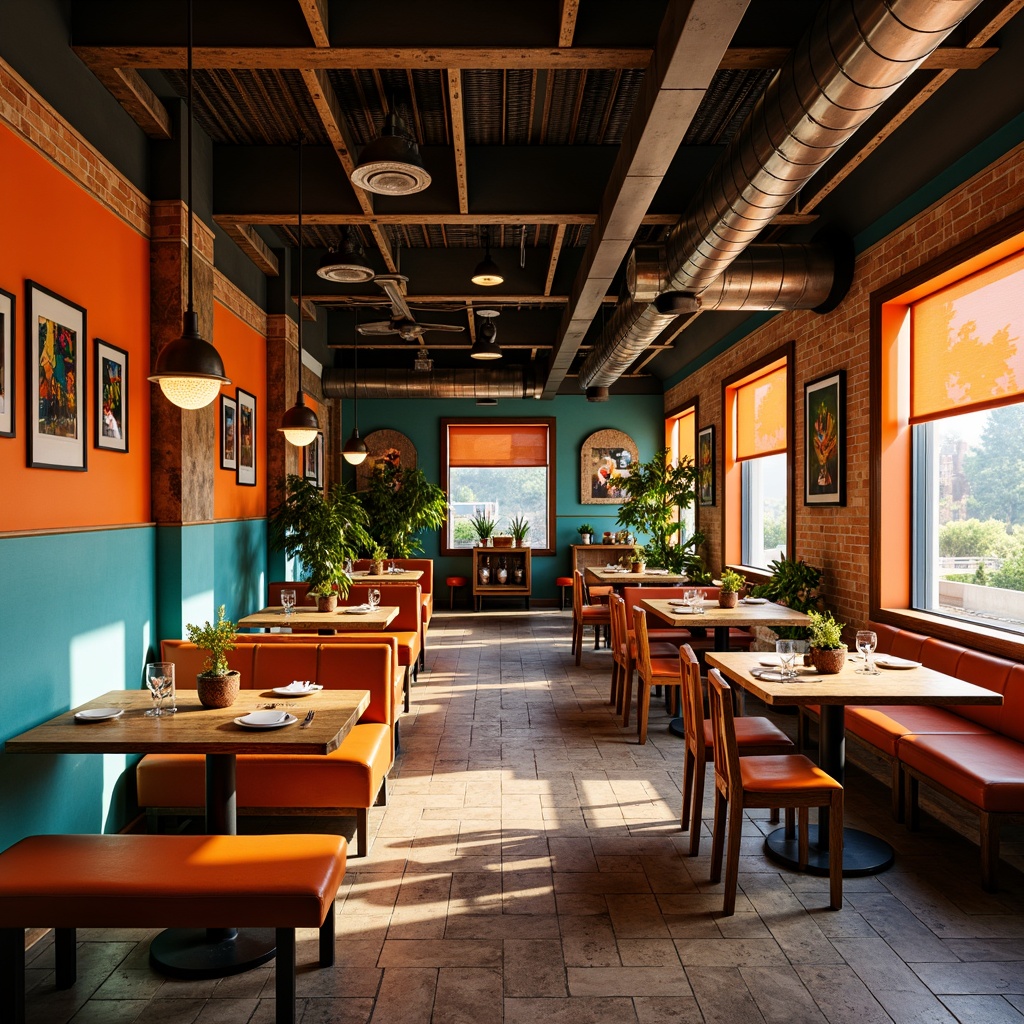 Prompt: Vibrant eatery atmosphere, bold orange accents, deep turquoise walls, rich wood tones, sleek metal decor, modern industrial lighting, eclectic mix of vintage and contemporary furniture, lively patterned flooring, warm golden lighting, shallow depth of field, 1/2 composition, realistic textures, ambient occlusion.