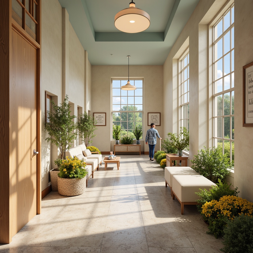 Prompt: Calming rehabilitation center, soothing pastel colors, gentle natural light, wooden accents, comfortable seating areas, lush greenery, vibrant floral arrangements, soft warm lighting, shallow depth of field, 1/1 composition, realistic textures, ambient occlusion, earthy tones, beige walls, pale blue ceilings, creamy white furniture, natural stone floors, wheelchair-accessible ramps, adaptive exercise equipment, motivational quotes, uplifting artwork, cozy reading nooks.