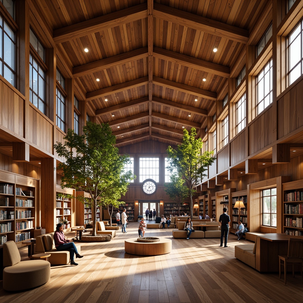 Prompt: Grand atrium, wooden ceiling beams, natural oak flooring, polished wood paneling, intricate wood carvings, rustic wooden benches, cozy reading nooks, warm ambient lighting, soft shadows, 1/2 composition, shallow depth of field, realistic textures, ambient occlusion, modern interior design, public library setting, quiet atmosphere, comfortable seating areas, abundant natural light, wooden accents, earthy color palette.