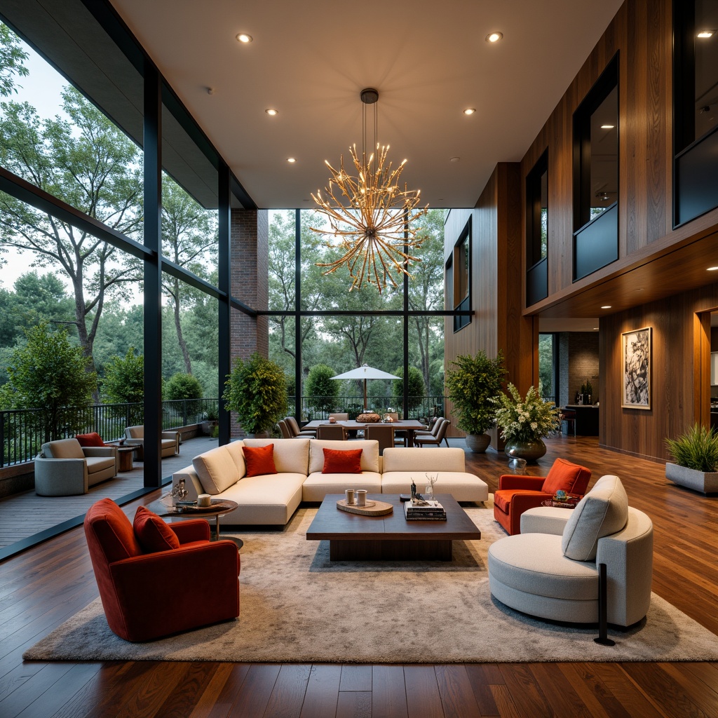 Prompt: Luxurious living room, sleek modern sofa, rich wood flooring, elegant chandelier, floor-to-ceiling windows, natural stone walls, comfortable velvet armchairs, stylish coffee table, vibrant greenery, warm ambient lighting, shallow depth of field, 3/4 composition, realistic textures, soft focus effect.