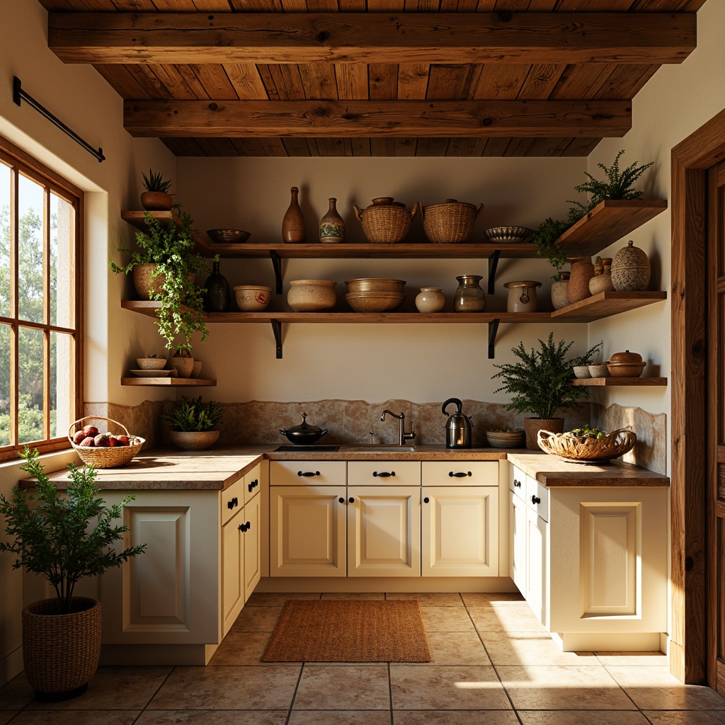 Prompt: Cozy pantry, warm earthy tones, rich wood accents, creamy white shelves, rustic metal brackets, soft golden lighting, natural stone countertops, woven baskets, vintage ceramic jars, earthy terracotta pots, lush greenery, ambient shadows, shallow depth of field, 1/1 composition, realistic textures, warm atmosphere.