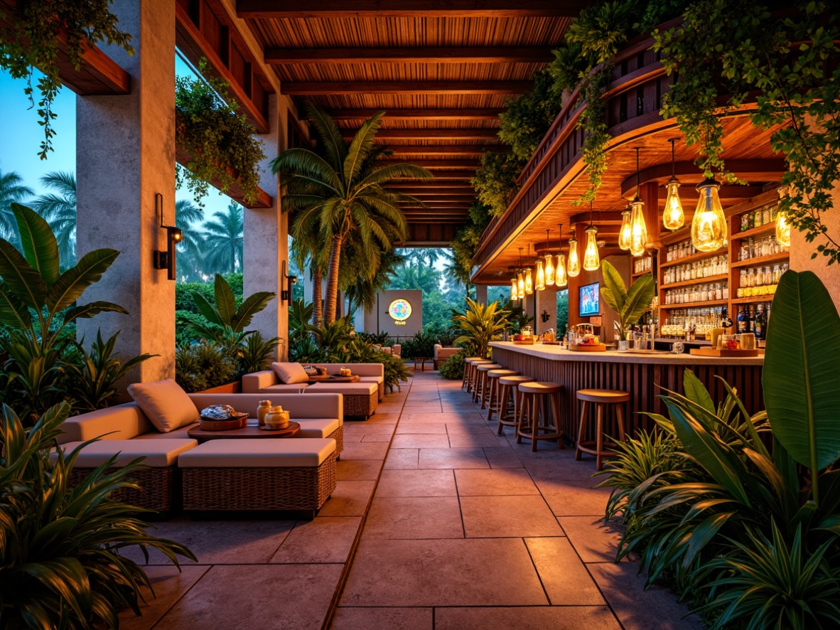 Prompt: Vibrant tropical bar interior, lush greenery, exotic wood accents, rattan furniture, colorful tiki torches, neon signs, bright coral hues, sunny yellow tones, deep ocean blues, rich turquoise shades, natural woven textiles, reclaimed wooden planks, distressed metal decor, eclectic global patterns, warm soft lighting, 3/4 composition, shallow depth of field, panoramic view, realistic textures, ambient occlusion.