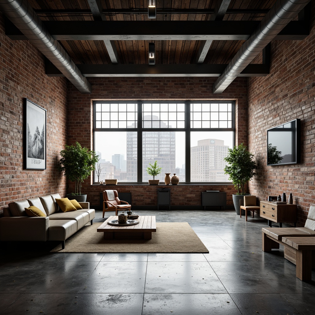 Prompt: Exposed brick walls, industrial metal beams, polished concrete floors, reclaimed wood accents, modern minimalist decor, sleek steel furniture, urban loft atmosphere, large windows with city views, natural light pouring in, dramatic shadows, low-key lighting, 1/2 composition, shallow depth of field, cinematic mood, gritty textures, subtle color palette.