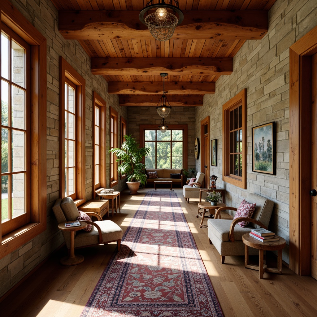 Prompt: Rustic hall, warm wooden accents, natural stone walls, earthy color palette, rich wood grain textures, craftsman-style trimwork, decorative beam ceilings, vintage-inspired lighting fixtures, cozy reading nooks, plush area rugs, comfortable furnishings, soft warm lighting, shallow depth of field, 3/4 composition, panoramic view, realistic textures, ambient occlusion.