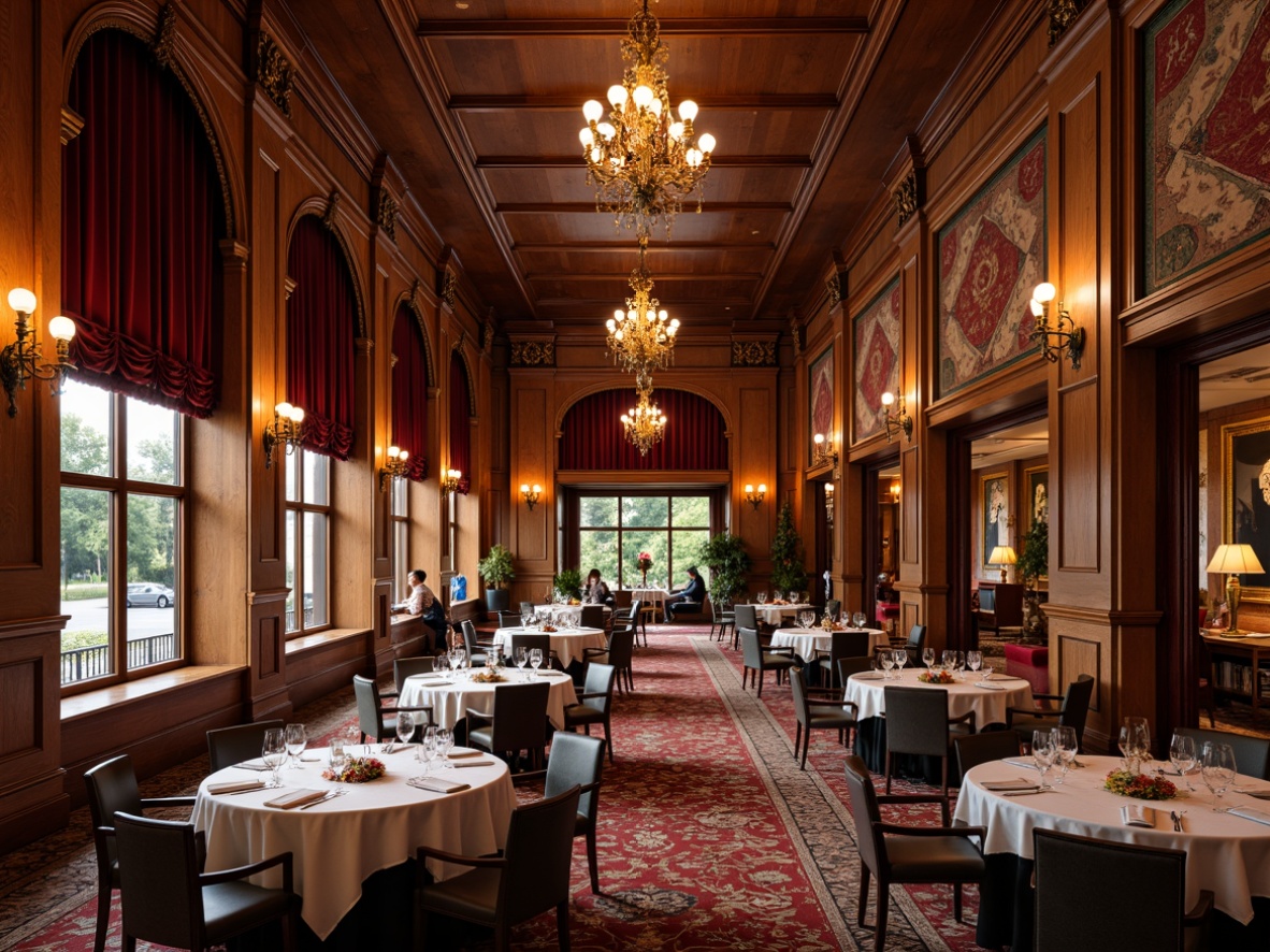 Prompt: Luxurious traditional dining hall, ornate wooden paneling, rich velvet drapes, golden candelabras, elegant chandeliers, fine crystal glasses, lavish table settings, plush armchairs, vibrant tapestries, intricate rug patterns, warm soft lighting, shallow depth of field, 1/1 composition, realistic textures, ambient occlusion, majestic high ceilings, ornamental molding, sophisticated color palette, comfortable seating areas, lively conversational atmosphere.