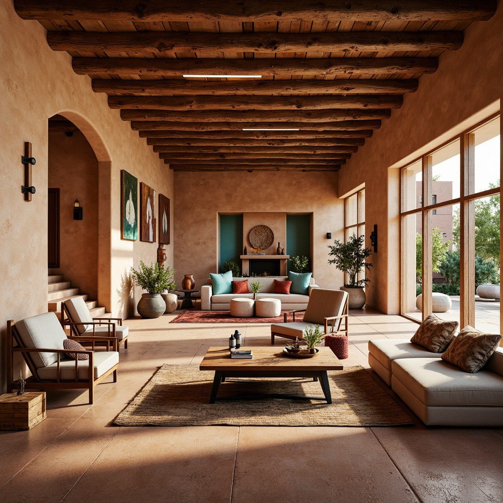 Prompt: Southwestern style interior, warm adobe walls, rustic wooden beams, earthy clay floors, vibrant turquoise accents, natural stone fireplaces, woven Native American textiles, plush desert-inspired furniture, abundant windows, soft diffused light, high ceilings, airy open spaces, dramatic shadows, 1/1 composition, realistic textures, ambient occlusion.