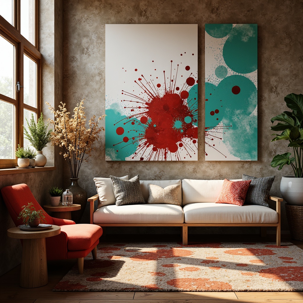 Prompt: Vibrant artistic studio, eclectic color scheme, bold brushstrokes, textured canvas, modern abstract artwork, expressive splatters, rich turquoise accents, creamy white backgrounds, deep crimson hues, warm golden lighting, shallow depth of field, 1/1 composition, realistic textures, ambient occlusion.