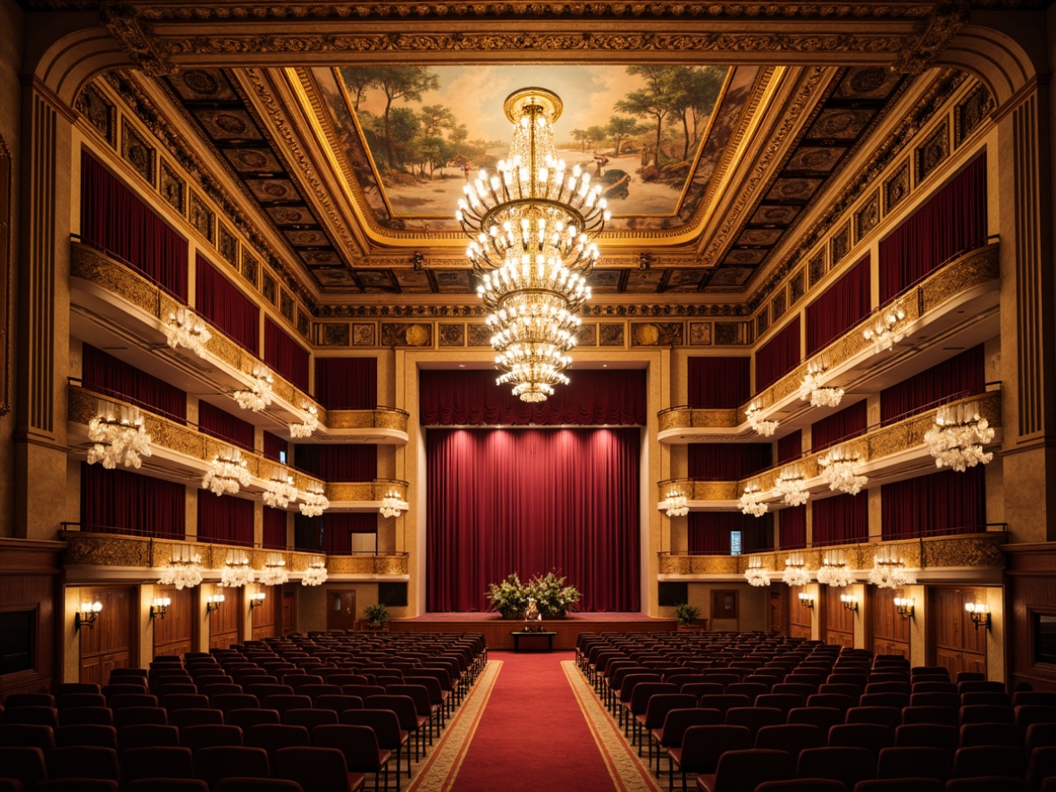 Prompt: Grand concert hall, ornate chandeliers, intricate ceiling patterns, luxurious velvet curtains, polished wooden floors, gilded accents, red carpeted aisles, regal balcony seating, ornamental metalwork, lavish fresco ceilings, dramatic spotlights, soft warm lighting, shallow depth of field, 1/2 composition, symmetrical framing, high-contrast imagery, realistic textures, ambient occlusion.