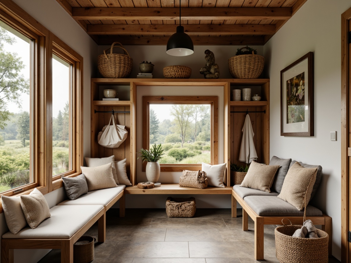 Prompt: Rustic mudroom, cozy atmosphere, stylish benches, plush cushions, natural wood tones, woven baskets, earthy color palette, soft warm lighting, shallow depth of field, 1/2 composition, realistic textures, ambient occlusion, modern farmhouse design, rustic metal accents, vintage decorative items, reclaimed wood shelves, comfortable seating area, inviting entranceway.