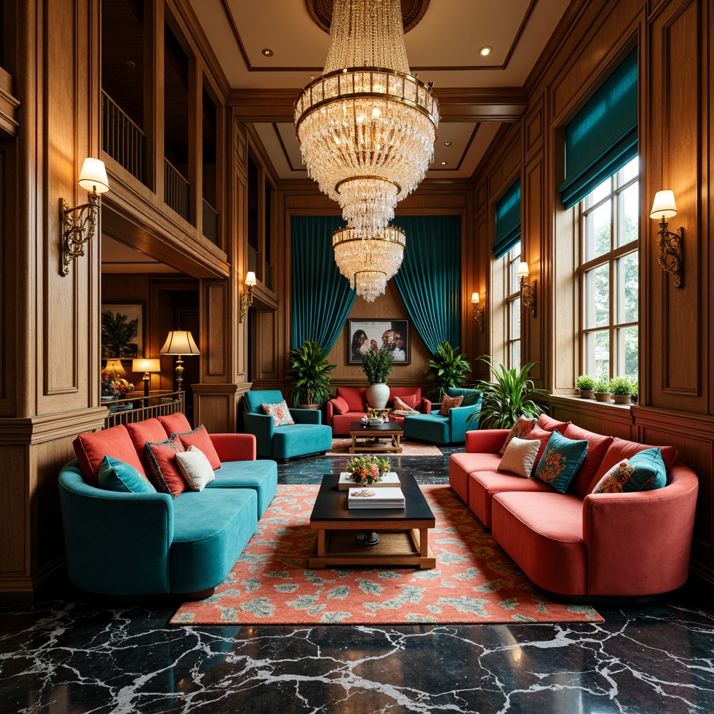 Prompt: Opulent Art Deco interior, luxurious velvet sofas, metallic gold accents, ornate geometric patterns, rich wood paneling, bold black and white marble floors, lavish crystal chandeliers, vibrant turquoise and coral hues, soft warm lighting, shallow depth of field, 1/1 composition, realistic textures, ambient occlusion.