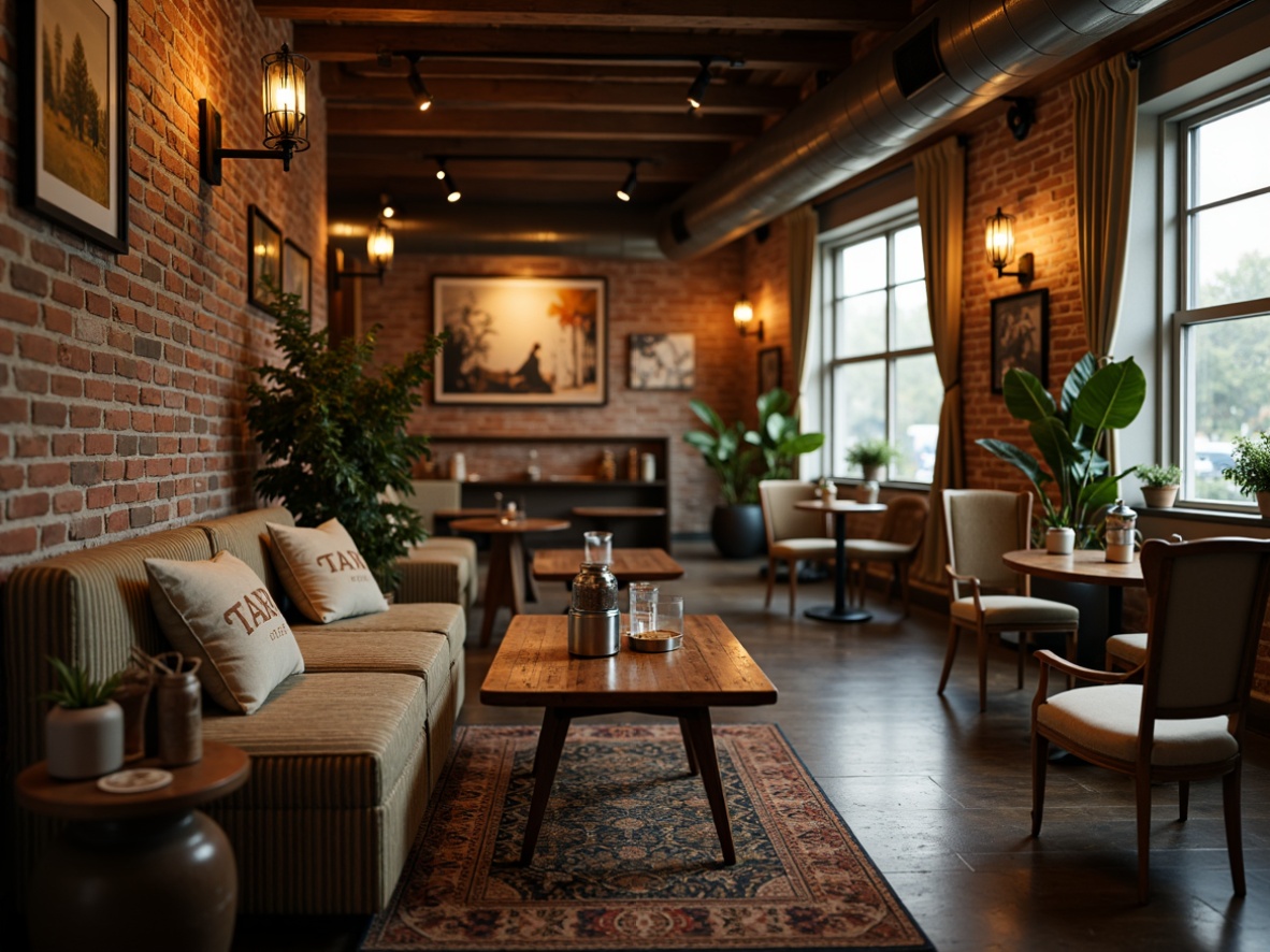 Prompt: Cozy coffee shop interior, warm wooden accents, vintage metal decorations, rustic brick walls, comfortable plush sofas, industrial-style lighting fixtures, reclaimed wood tables, decorative ceramic vases, lush green plants, aromatic coffee beans, steamy milk textures, soft warm lighting, shallow depth of field, 1/1 composition, intimate atmosphere, realistic wood grains, ambient occlusion.