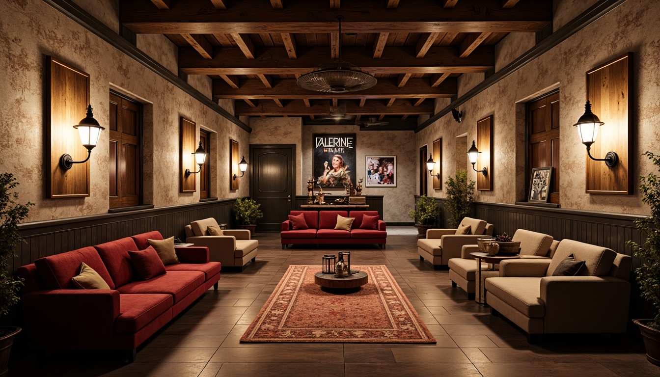 Prompt: Rustic cinema interior, vintage film reels, distressed wood accents, earthy color palette, natural stone walls, reclaimed wooden beams, cozy velvet sofas, ornate metal lanterns, antique cameras, old movie posters, soft warm lighting, shallow depth of field, 3/4 composition, panoramic view, realistic textures, ambient occlusion.