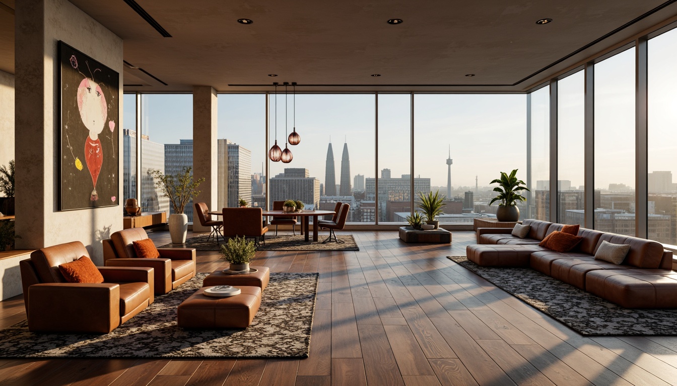 Prompt: Luxurious penthouse interior, mid-century modern aesthetic, sleek wooden flooring, minimalist decor, floor-to-ceiling windows, cityscape views, retro-inspired furniture, curved lines, organic shapes, rich leather upholstery, velvet throw pillows, metallic accents, geometric patterns, statement lighting fixtures, open-plan living area, elevated ceilings, natural stone walls, industrial-chic elements, bold color schemes, graphic textiles, eclectic artwork, warm ambient lighting, shallow depth of field, 1/1 composition, cinematic view.