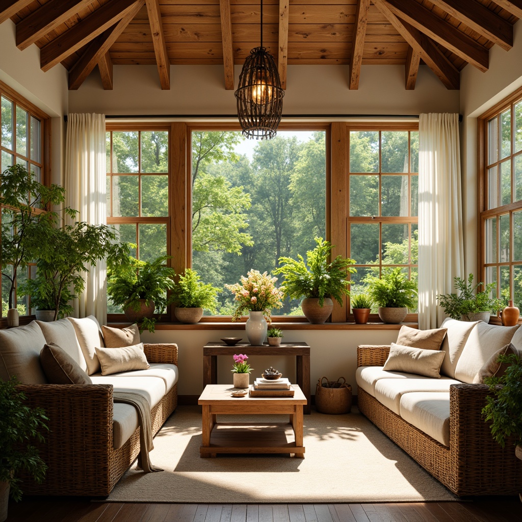 Prompt: Cozy sunroom, lush greenery, natural wood accents, warm beige walls, comfortable wicker furniture, plush throw pillows, soft sheer curtains, elegant chandeliers, rustic wooden beams, vibrant flower arrangements, sunny day, warm gentle lighting, shallow depth of field, 1/1 composition, intimate atmosphere, realistic textures, ambient occlusion.